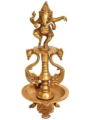 8" Dancing Ganesha Wick Lamp In Brass | Handmade | Made In India