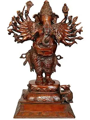 23" Sixteen-Armed Vira-Ganesha In Brass | Handmade | Made In India