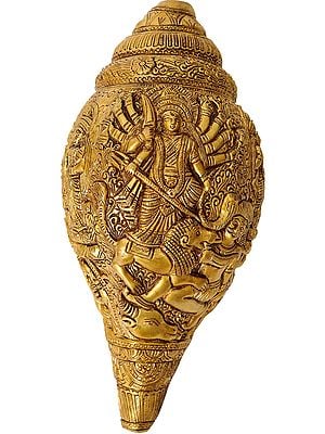 9" Conch with Goddess Durga, Saraswati, Lakshmi and Ganesha (Wall Hanging) In Brass | Handmade | Made In India