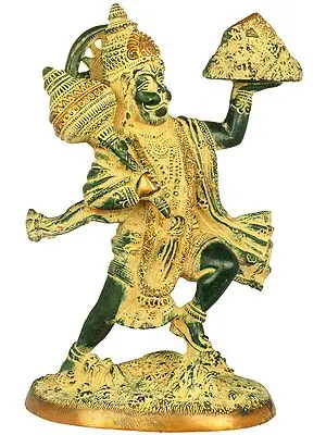 11" Mighty Hanuman Holding The Sanjeevani Mountain In Brass | Handmade | Made In India