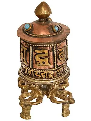 Small Size Prayer Wheel on Vishva-Vajra Stand (Tibetan Buddhist)