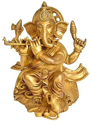 12" Lord Ganesha Playing Flute In Brass | Handmade | Made In India
