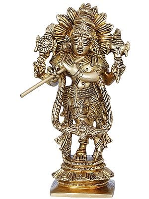 5" Cosmic Krishna Playing Flute Handmade Brass Idol | Made In India