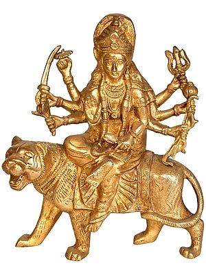 8" Goddess Durga Seated on Her Mount Lion In Brass | Handmade | Made In India