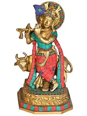 9" krishna With Cow In Brass | Handmade | Made In India