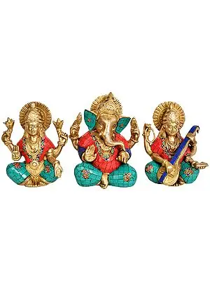 6" Lakshmi Ganesha and Saraswati In Brass | Handmade | Made In India