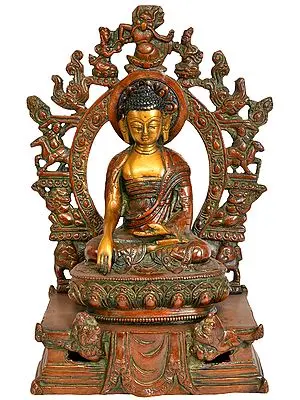 10" Lord Buddha Seated on Six-Ornament Throne of Enlightenment In Brass | Handmade | Made In India