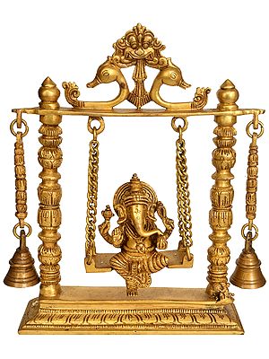 10" Lord Ganesha on a Swing with Hanging Bells in Brass | Handmade | Made in India