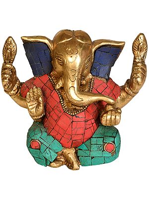 3" Lord Ganesha In Brass Sculpture with Inlay Work | Handmade
