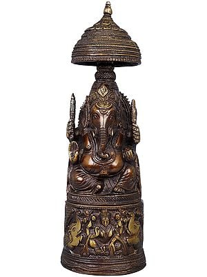 10" Raja Ganesha with Gaja Lakshmi Carved in Pedestal In Brass | Handmade | Made In India