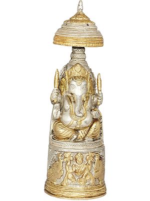 10" Raja Ganesha with Gaja Lakshmi Carved in Pedestal In Brass | Handmade | Made In India