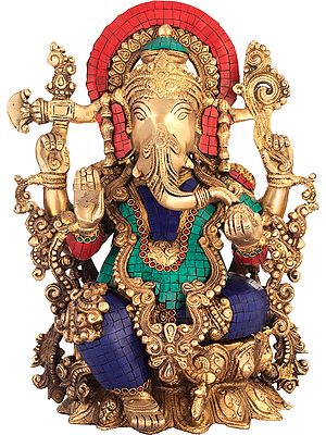 15" Seated Ganesha, Exquisitely Adorned In Brass | Handmade | Made In India