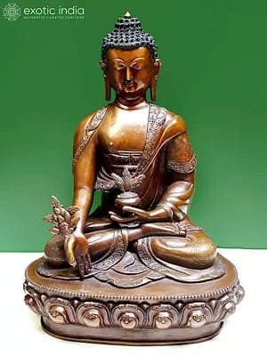 12" Medicine Buddha Idol with Auspicious Symbols Carved on His Robe