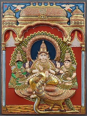 Lord Murugan (Karttikeya) with Devasena and Valli | Tanjore Painting Without Frame