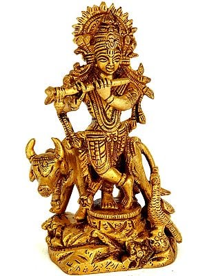 5" Gopala (Lord Krishna with Cow) In Brass | Handmade | Made In India