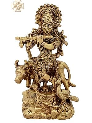 5" Gopala Krishna Statue with Cow in Brass | Handmade | Made in India