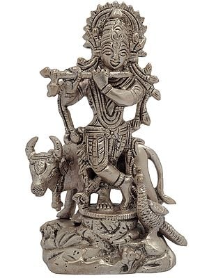 5" Gopala Krishna Statue with Cow in Brass | Handmade | Made in India