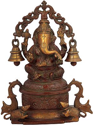 8" Lord Ganesha Seated on High Pedestal with Hanging Bells Aureole in Brass | Handmade | Made in India