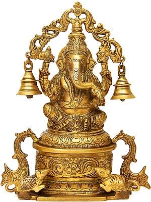 8" Lord Ganesha Seated on High Pedestal with Hanging Bells Aureole In Brass | Handmade | Made In India