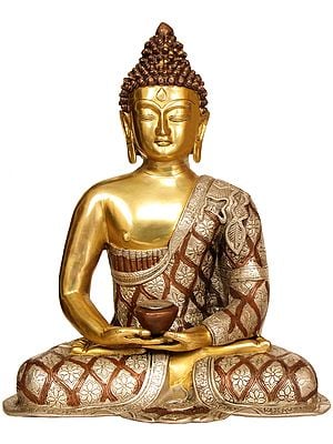 17" Lord Buddha in Dhyana Mudra (Robes Decorated with Lotus Flowers) | Brass Statue | Handmade | Made In India
