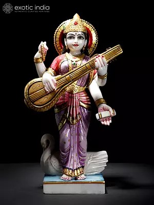 Goddess Saraswati White Marble Sculpture | Spiritual Home Decor