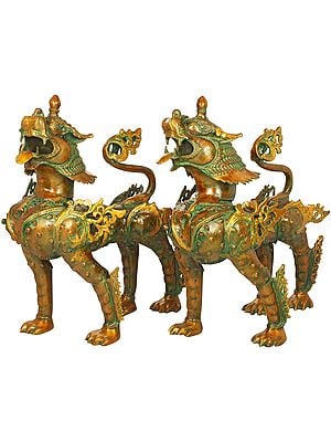 Tibetan Buddhist Large Size Pair of Mythicised Lions