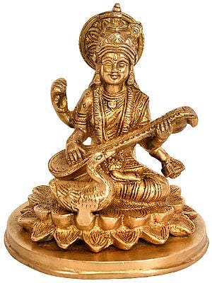 5" Goddess Saraswati Seated on Lotus In Brass | Handmade | Made In India