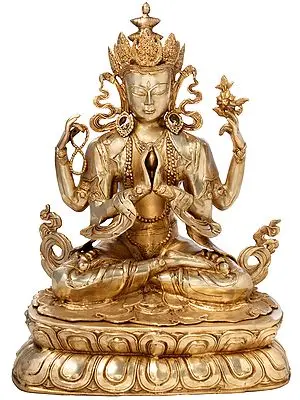 28" Tibetan Buddhist Deity Chenrezig (Shadakshari Lokeshvara) In Brass | Handmade | Made In India