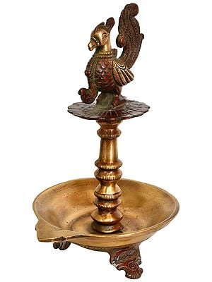 9" Peacock Large Wick Ritual Lamp in Brass | Handmade | Made in India