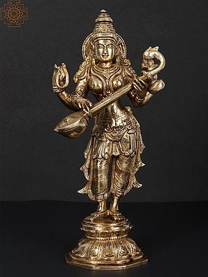 10" Standing Saraswati Brass Statue | Handmade | Made in India