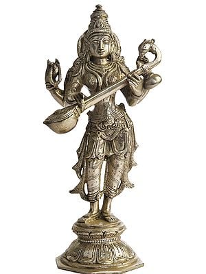 10" Standing Saraswati In Brass | Handmade | Made In India
