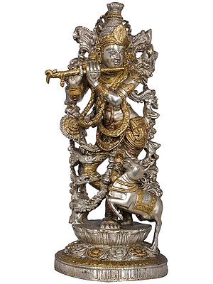17" Lord Krishna with His Cow In Brass | Handmade | Made In India