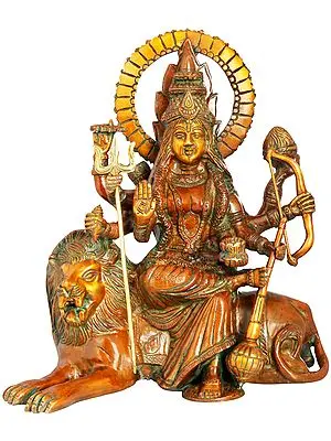 12" Ashtabhuja Simhavahini Durga Seated on Lion In Brass | Handmade | Made In India