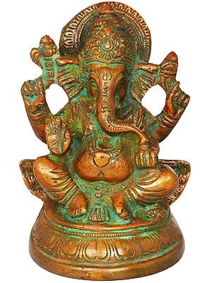 4" Four Armed Seated Ganesha In Brass | Handmade | Made In India