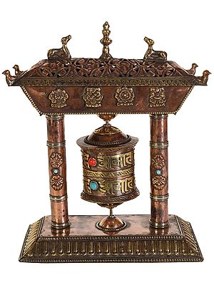 Tibetan Buddhist Ashtamangala Prayer Wheel with Incense Burner