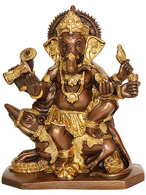 8" Lord Ganesha Seated on Rat (In Brown and Golden Hues) In Brass | Handmade | Made In India