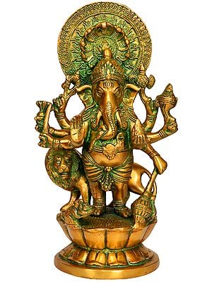 11" Brass Eight Armed Ganesha Idol with Lion and Snake Aureole | Handmade | Made in India