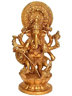11" Eight Armed Ganesha with Lion and Snake Aureole In Brass | Handmade | Made In India