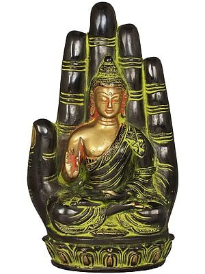 9" Lord Buddha Seated on Lotus against the Aureole of a Hand Interpreting His Dharma In Brass | Handmade | Made In India
