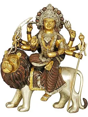 13" Mother Goddess Durga Seated on Lion In Brass | Handmade | Made In India