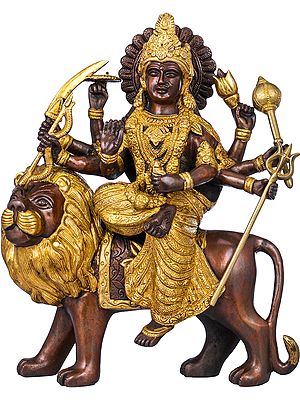 13" Mother Goddess Durga Seated on Lion In Brass | Handmade | Made In India