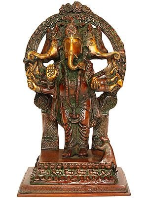 Five-headed Ten-Armed Standing Ganesha Brass Statue