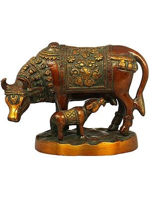 3" Cow and Calf - Most Sacred Animal of India (Saddle Decorated with Flowers) In Brass | Handmade | Made In India