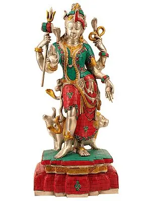 19" Ardhanarishvara (Shiva Shakti) with Coral and Turquoise Color Inlay In Brass | Handmade | Made In India