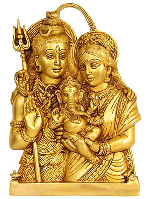 12" Baby Ganesha in the Lap of His Parents - Shiva Parvati (Wall Hanging) In Brass | Handmade | Made In India