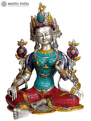 15" Tibetan Buddhist Goddess Green Tara (with Inlay Work) In Brass