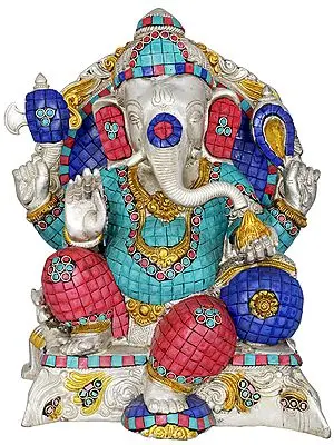 13" Lord Ganesha Seated in Royal Ease Posture (with Inlay Work) In Brass | Handmade | Made In India