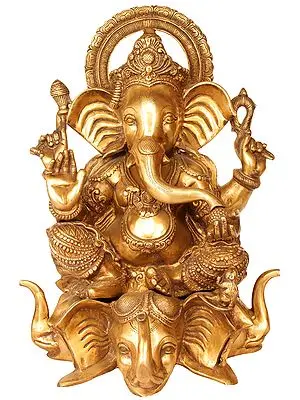 20" Lord Ganesha Seated on Three Elephant Head In Brass | Handmade | Made In India