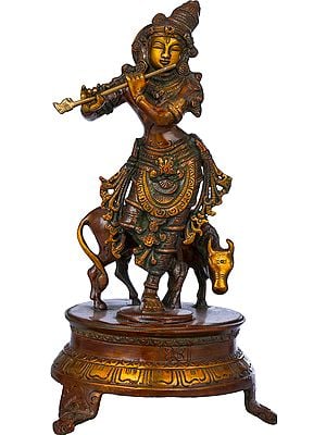 10" Brass Venugopala Idol (Fluting Krishna with His Cow) | Handmade Brass Statue