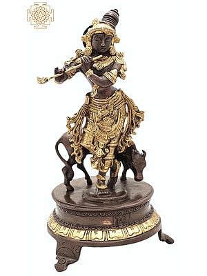 10" Brass Venugopala Idol (Fluting Krishna with His Cow) | Handmade Brass Statue